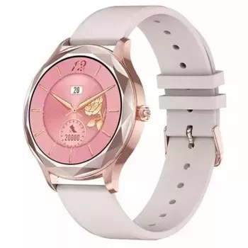 Smartwatch damski Garett Lady Ann RT złoty-róż na pasku w kolorze pudrowego różu.⌚  (1).webp